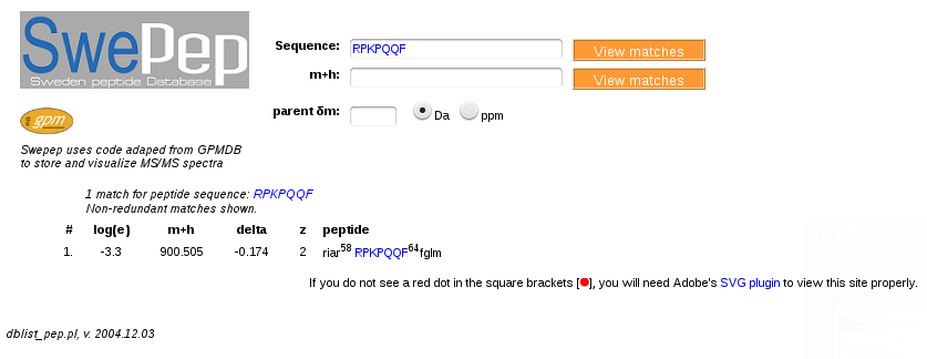 Screenshot of SwePep input